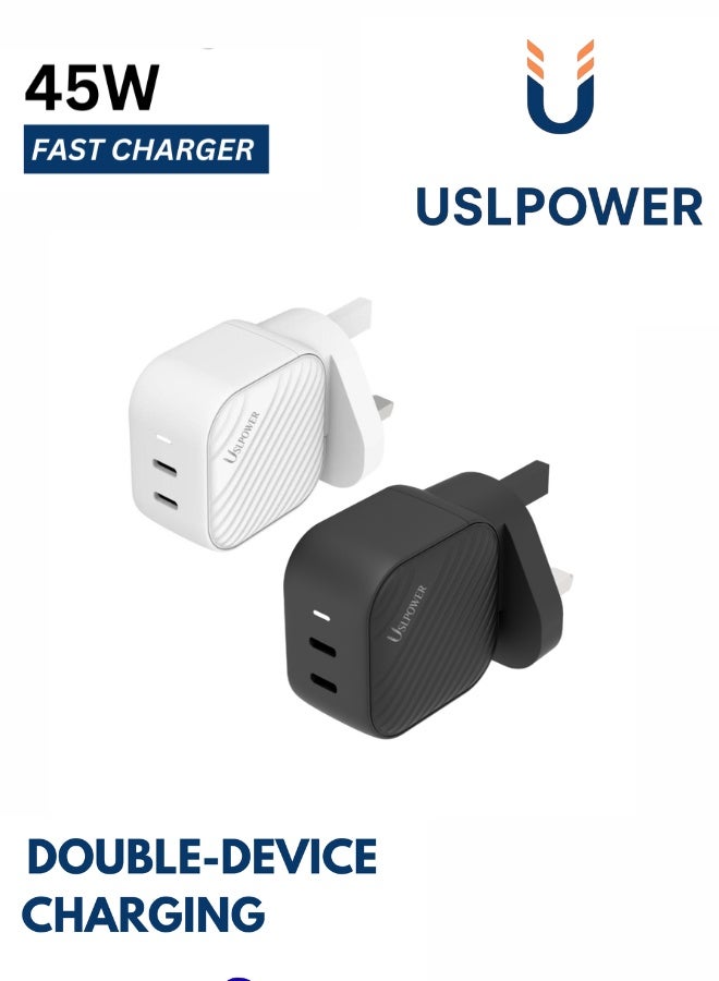 USLPOWER 45W USB-C Power Adapter GaN Fast Charger, Dual USB-C PD Wall Charger, Super Fast Charging, UK Plug, for Smartphone Tablet Laptop Travel Use - Image 2